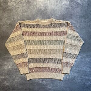 Vintage Bill Blass Mens Striped Cable Knit Crewneck Sweater Beige Made in USA M